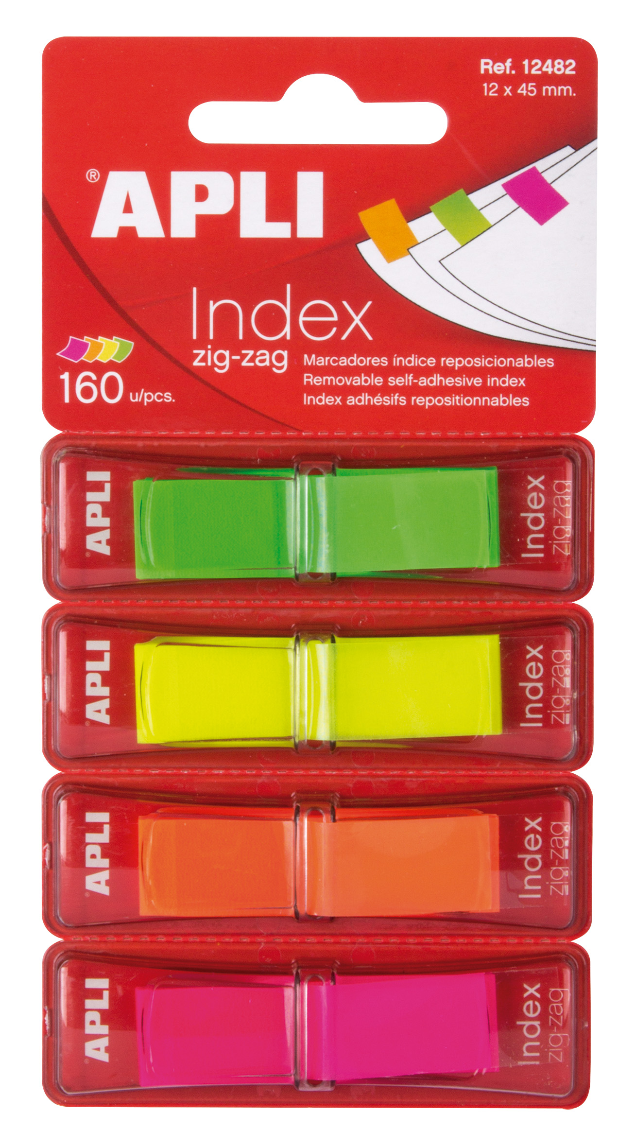 Apli Zigzag Film Index Adhésifs 45x12mm 4 Distributeurs de 40 Index - Facile à Appliquer - Résistant - Amovible - Couleurs Fluorescentes - Multicolore