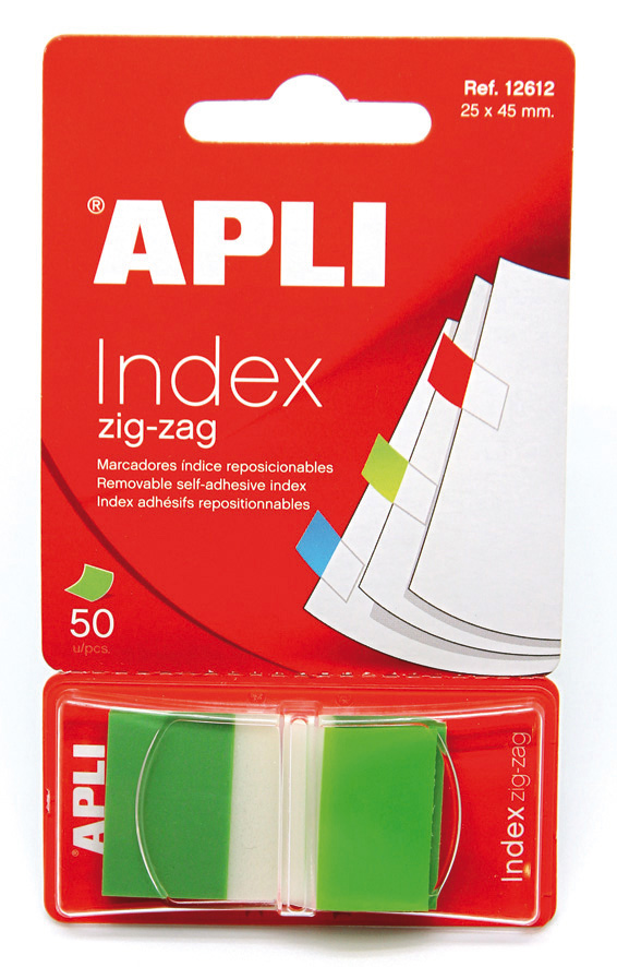 Apli Zigzag Film Index Adhésifs 45x25mm - Distributeur de 50 Index - Adhésif de Qualité - Facile à Décoller - Design Zigzag - Vert