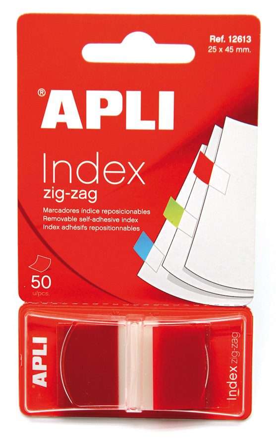 Apli Zigzag Film Indexes Adhésives 45x25mm Distributeur de 50 - Facile à Appliquer - Design Zigzag - Rouge