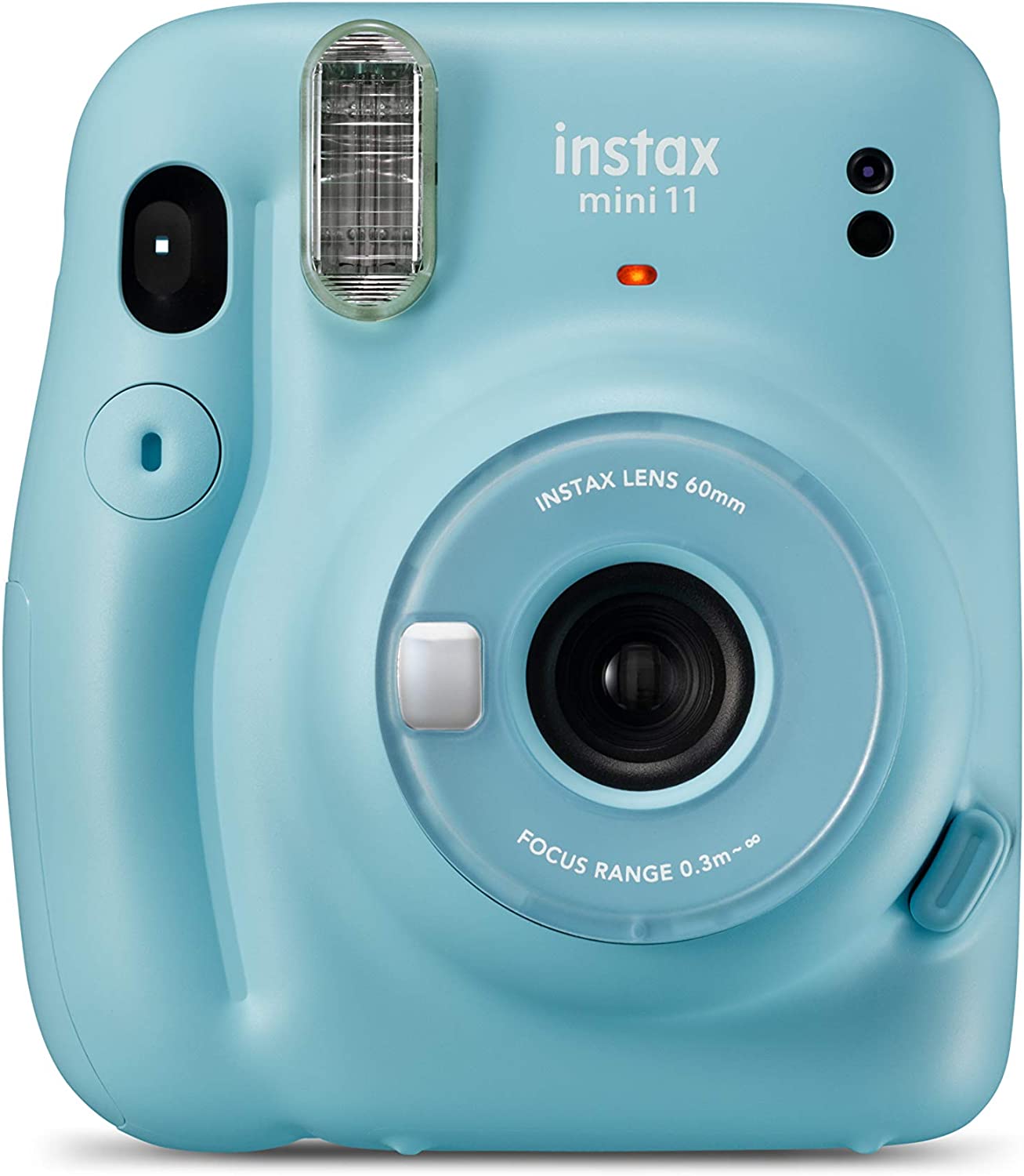 Appareil photo instantané Fujifilm Instax Mini 11 bleu ciel - Taille d'image 62 x 46 mm - Flash automatique - Mini miroir pour selfies - Dragonne et 2 boutons d'obturation différents