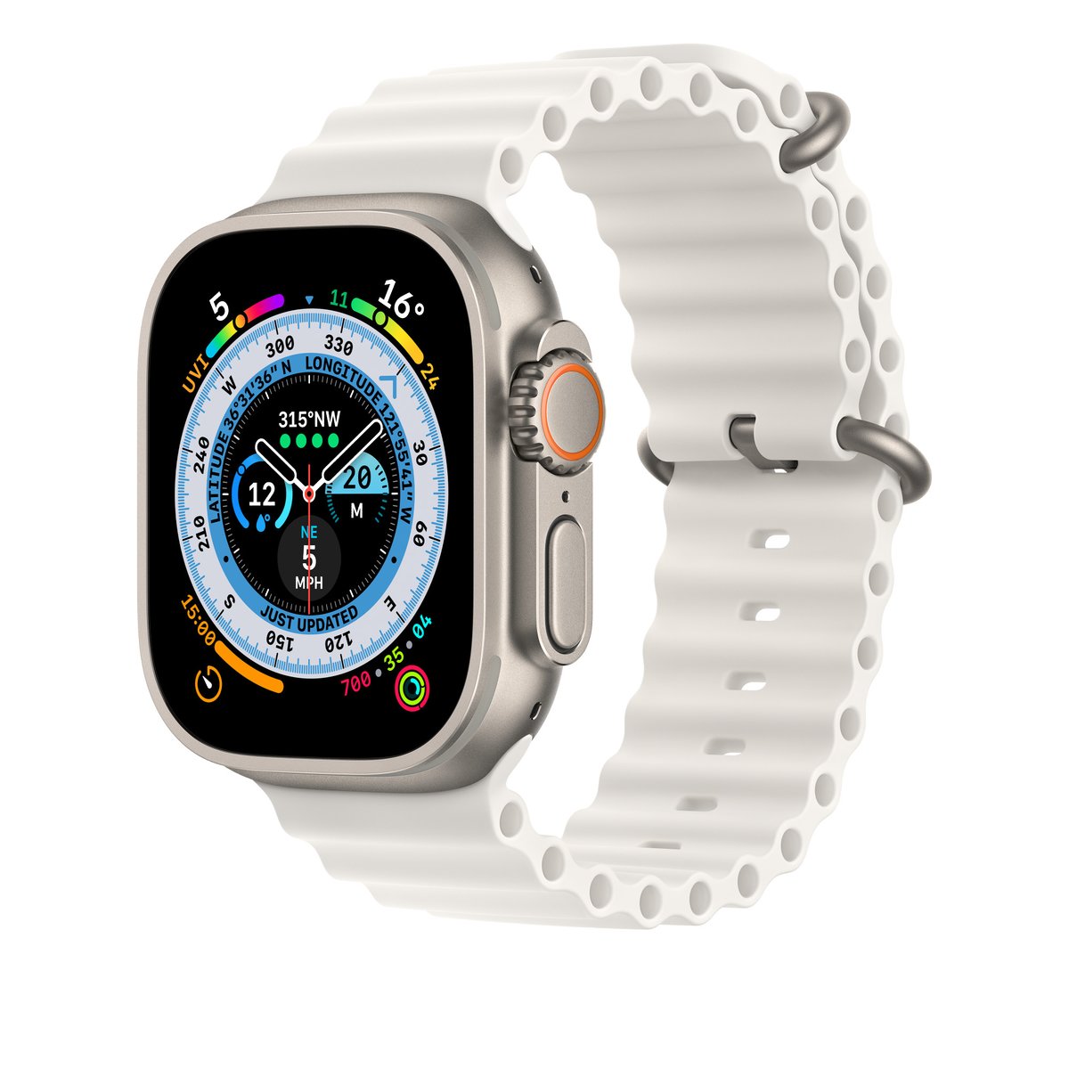 Apple Watch Ultra (2022) 49 mm GPS + Cellular Titane + bracelet océan blanc