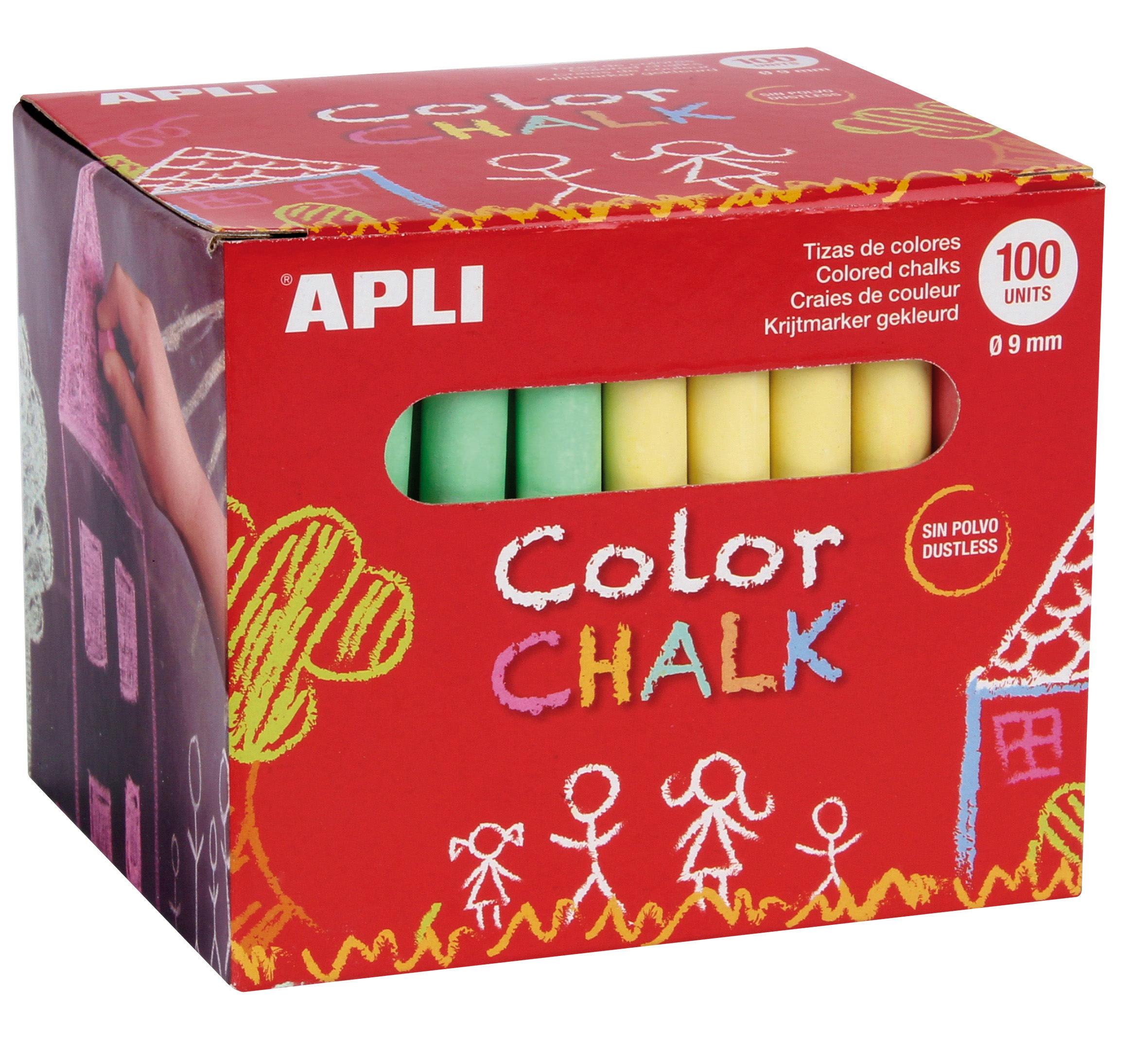 Appli craies rondes de couleurs assorties - Lot de 100 craies Ø 9 x 80 mm - Sans poussière - Idéal pour écrire, dessiner et colorier sur tableaux noirs et sols - Convient pour un usage scolaire