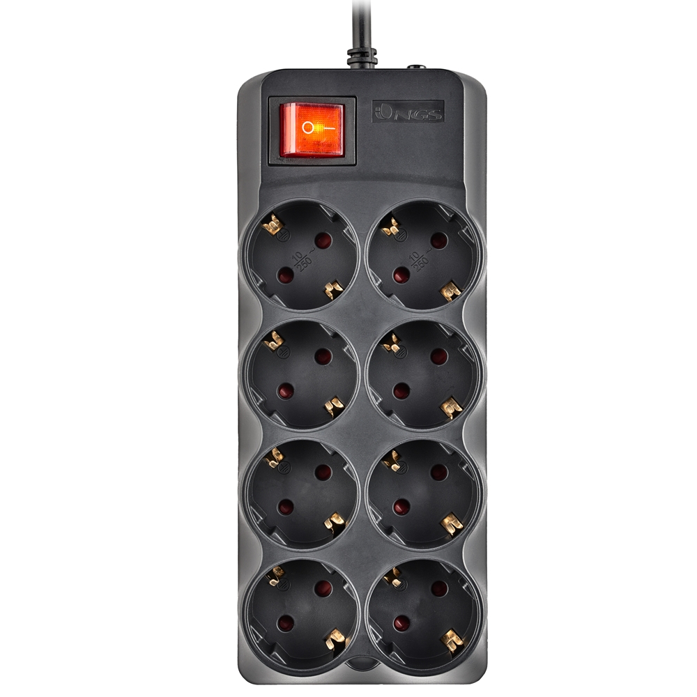 Multiprise NGS Surge Pole 800 avec 8 prises - Câble de 1,50 m - Interrupteur marche/arrêt - Couleur noire