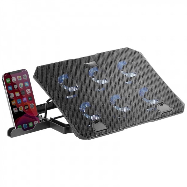 Base de Refroidissement Mars Gaming MNBC23 - 6 Ventilateurs LED Bleues - Support Ajustable - Structure Résistante - Support Smartphone Intégré - Coloris Noir