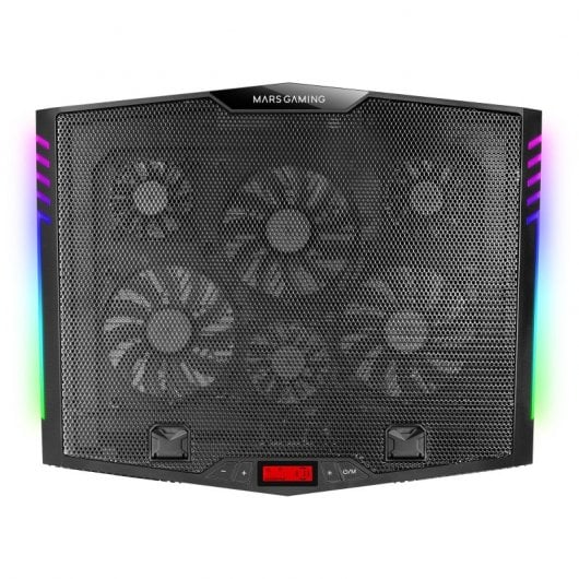 Base de refroidissement Mars Gaming MNBC5 pour ordinateur portable jusqu'à 19" - 6 ventilateurs - 7 positions d'inclinaison - Éclairage ARGB dynamique - Base pour smartphone - Grille en aluminium - 2 ports USB 2.0