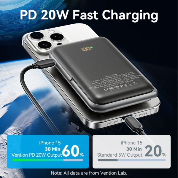Batterie de secours magnétique sans fil Vention 10000mAh - USB Type-C - Charge rapide 20W - Entrée sans fil 15W - Matériau PC+ABS - Couleur blanche