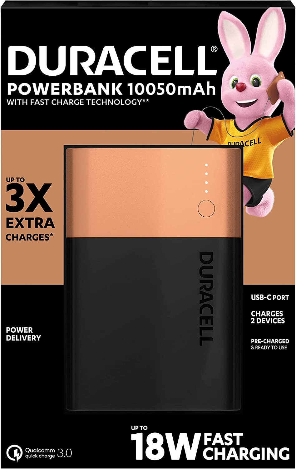 Batterie Externe/Power Bank Duracell 10050mAh PD 18W et QC 3.0 - 1x USB-A, 1x USB-C - Indicateurs LED - 2 Appareils Simultanément