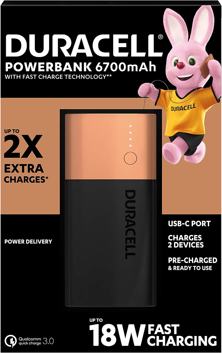Batterie Externe/Power Bank Duracell 6700mAh PD 18W et QC 3.0 - 1x USB-A, 1x USB-C - Indicateurs LED - 2 Appareils Simultanément