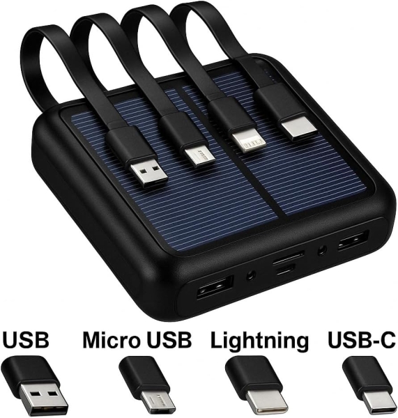 Batterie externe solaire Cegasa 4 en 1 5 000 mAh – Sorties USB-C, éclairage, USB-A et micro USB – Avec lampe torche – Noir