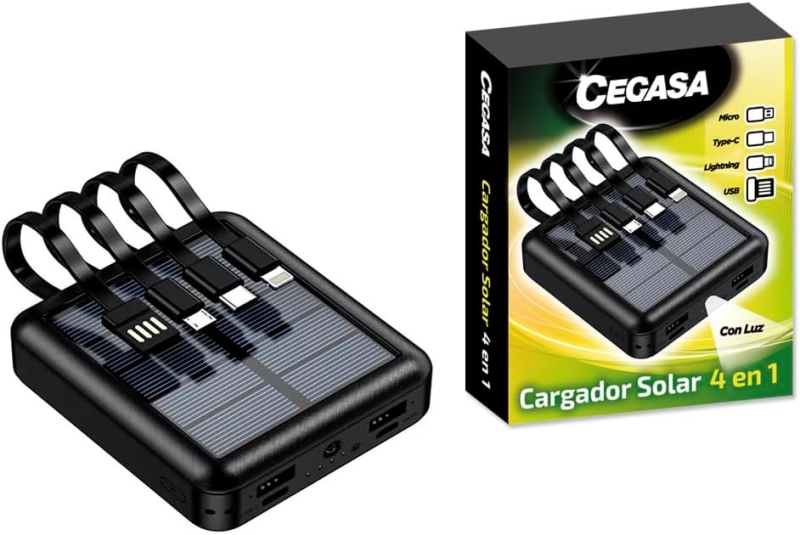 Batterie externe solaire Cegasa 4 en 1 5 000 mAh – Sorties USB-C, éclairage, USB-A et micro USB – Avec lampe torche – Noir