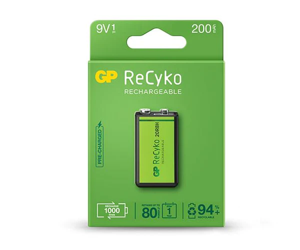 Batterie rechargeable GP ReCyko 200mAh 9V - Pré-chargée - Cycle de vie : jusqu'à 1000 fois