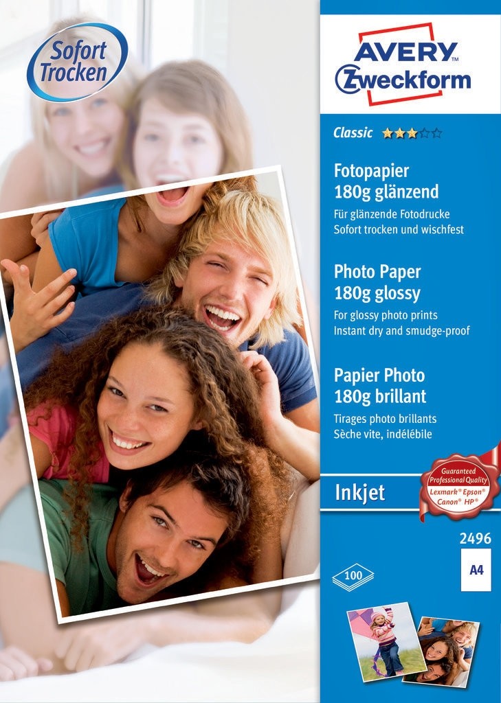 AVERY Papier photo jet encre DIN A4, 180 g / m², 100 feuilles