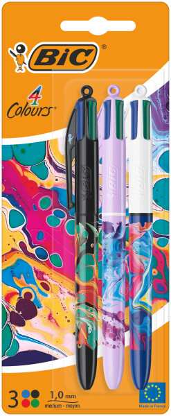 Bic 4 Couleurs Décors Hydro Lot de 3 Stylos Bille Rétractables - Pointe Moyenne 1,0 mm - Encre à l'Huile - 4 Couleurs
