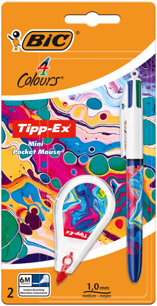 Bic 4 Couleurs Décors Hydro Pack de 1 Stylo Bille Rétractable + Correcteur Pocket Mouse 5 mm x 6 m - Pointe Moyenne 1,0 mm - Encre à l'Huile - 4 Couleurs