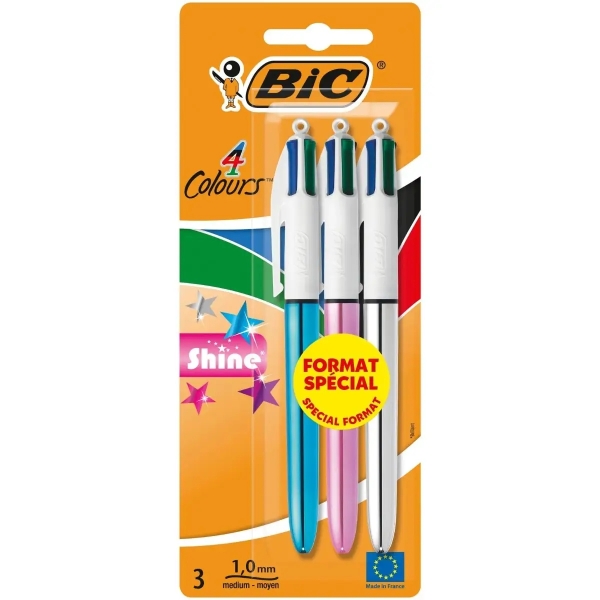 Bic 4 Couleurs Shine Lot de 3 Stylos Bille Rétractables - Pointe 1 mm - Trait 0,4 mm - Encre à l'huile - Corps Or/Blanc - 4 Couleurs