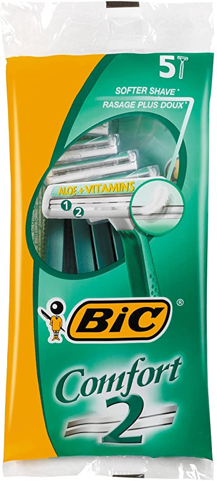 Bic Confort 2 Pack de 5 Rasoirs Jetables 2 Lames - Bande Lubrifiante à l'Aloe Vera