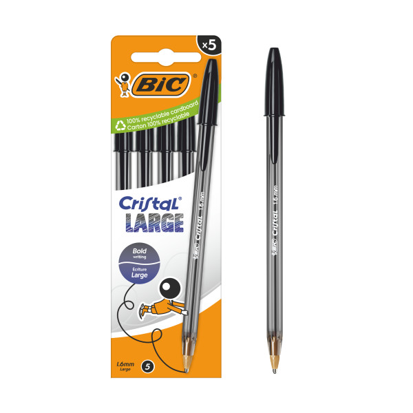 Bic Cristal Grand Pack de 5 Stylos Bille - Pointe Ronde 1,6 mm - Trait 0,6 mm - Encre à l'Huile - Noir