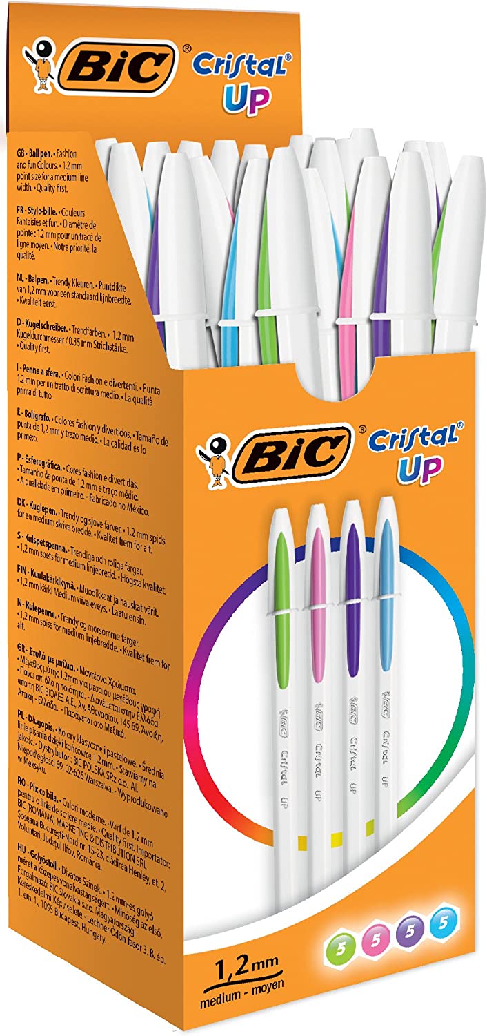 Bic Cristal Up Lot de 20 stylos à bille - Pointe 1,2 mm - Encre à base d'huile - Corps blanc - Couleurs assorties