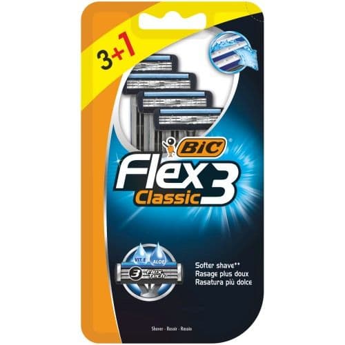 Bic Flex 3 Pack de 3+1 Rasoirs Jetables 3 Lames - Tête Pivotante - Bande Lubrifiante à l'Aloe Vera
