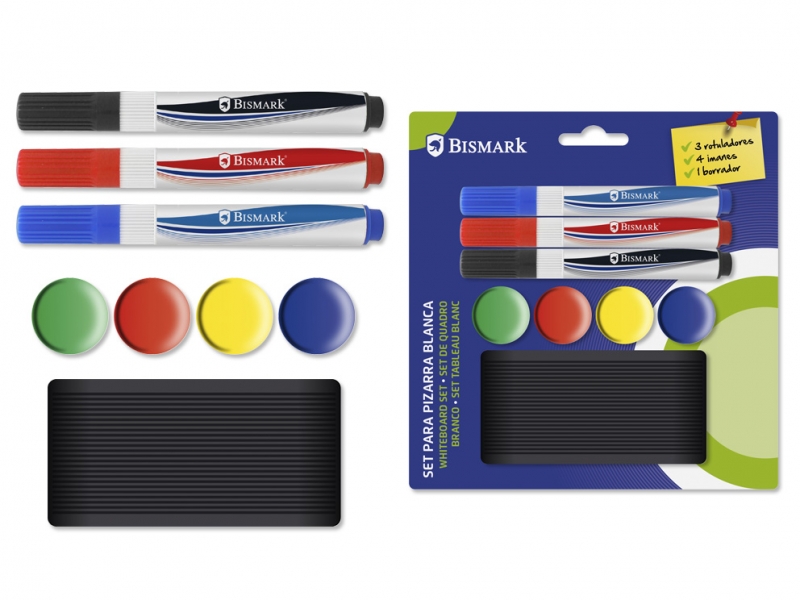 Bismark Lot de marqueurs pour tableau blanc avec aimants et gomme – Comprend trois marqueurs – Quatre aimants – Une gomme – Couleurs assorties