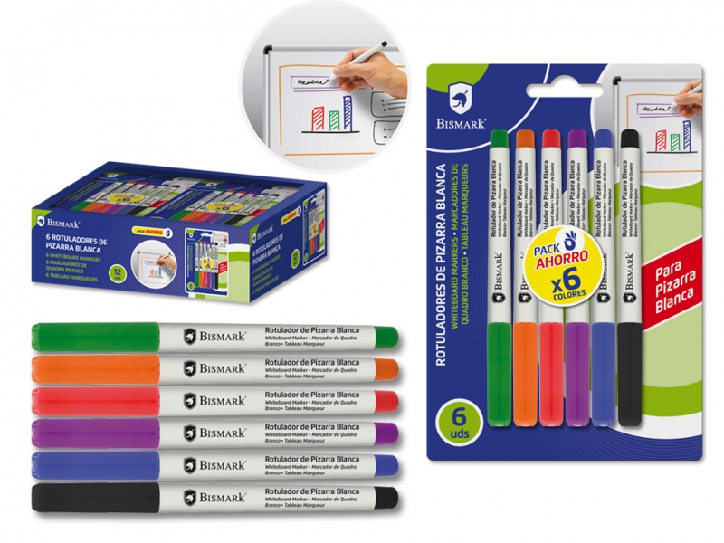 Bismark Pack de 6 marqueurs pour tableau blanc - Pointe fine - Encre à séchage rapide - Effacement facile - Couleurs assorties
