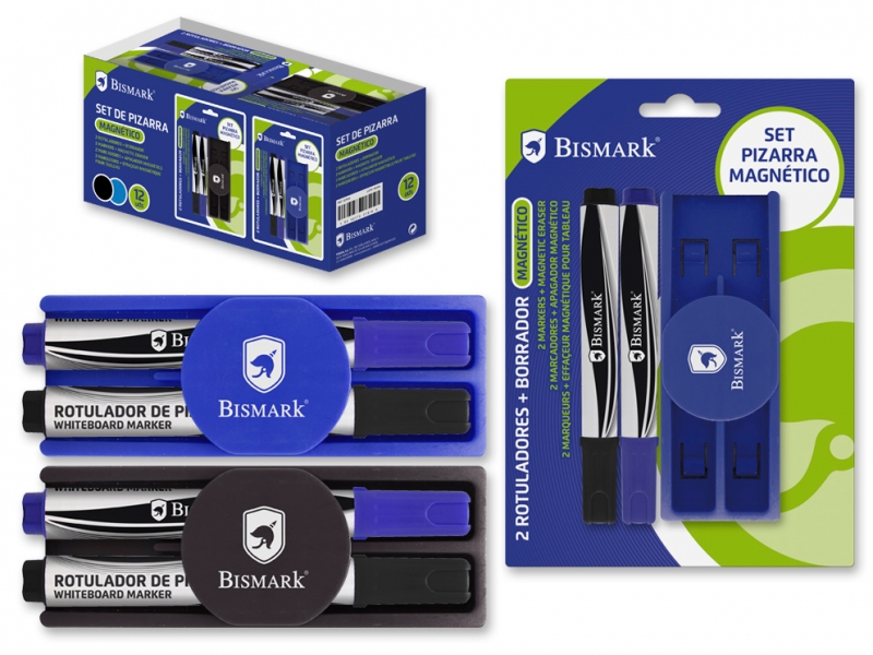 Bismark Pack de marqueurs pour tableau blanc avec gomme magnétique - Comprend deux marqueurs - Gomme avec fonction magnétique - Idéal pour une utilisation dans les bureaux et les salles de classe - Couleurs assorties
