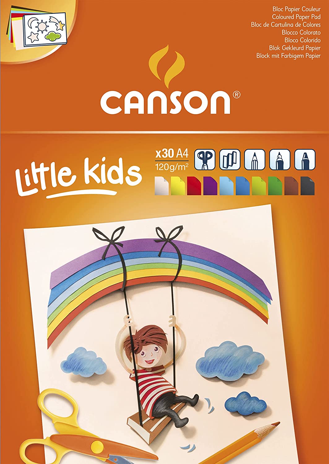 Bloc Carton Collé Canson Kids de 30 Feuilles A4 - 21x29,7 - 120g - Couleurs Assorties