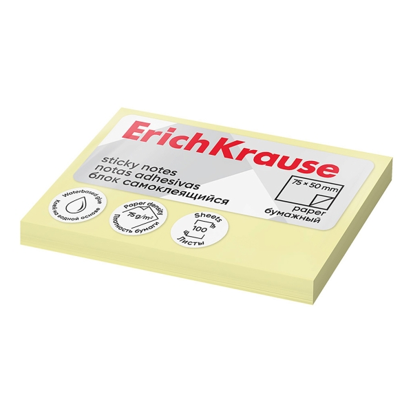 Bloc de 100 notes autocollantes ErichKrause 50 x 75 mm - Amovibles - Jaune clair