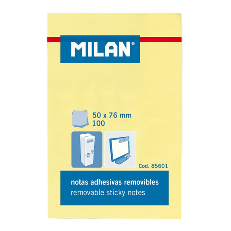 Bloc Milan de 100 Notes Autocollantes - Amovibles - 50mm x 76mm - Couleur Jaune Clair