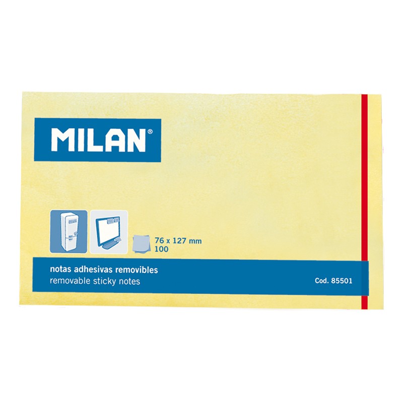 Bloc Milan de 100 Notes Autocollantes - Amovibles - 76mm x 127mm - Couleur Jaune Clair