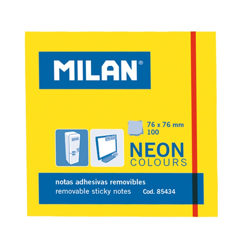 Bloc Milan de 100 Notes Autocollantes - Amovibles - 76mm x 76mm - Couleur Jaune Fluo