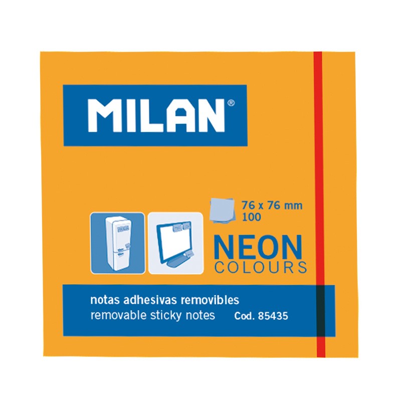 Bloc Milan de 100 Notes Autocollantes - Amovibles - 76mm x 76mm - Couleur Orange Fluo