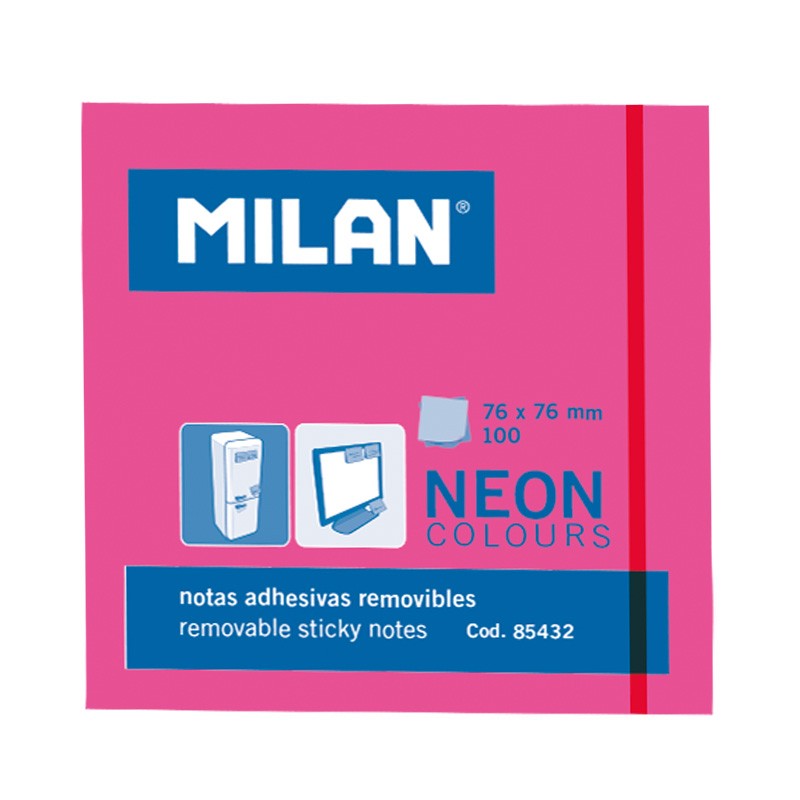 Bloc Milan de 100 Notes Autocollantes - Amovibles - 76mm x 76mm - Couleur Rose Fluo