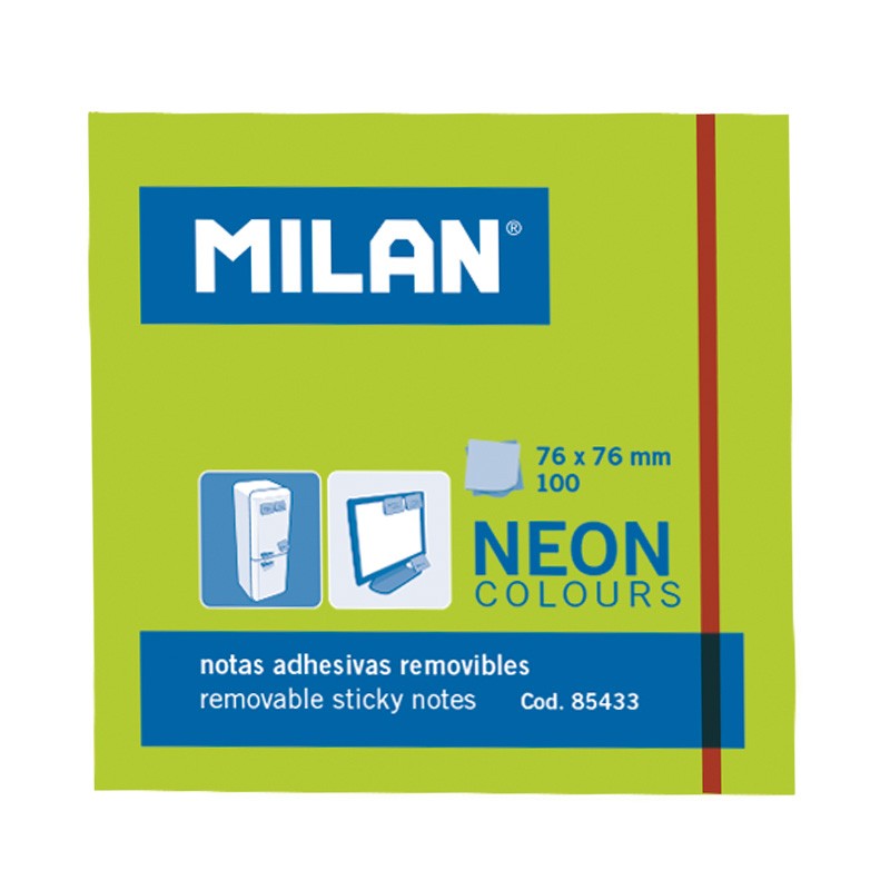 Bloc Milan de 100 Notes Autocollantes - Amovibles - 76mm x 76mm - Couleur Vert Fluo