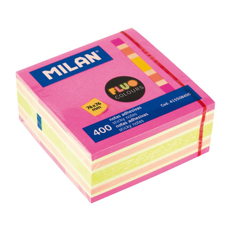 Bloc Milan de 400 Notes Autocollantes Fluo - Amovibles - 76mm x 76mm - Couleurs Assorties