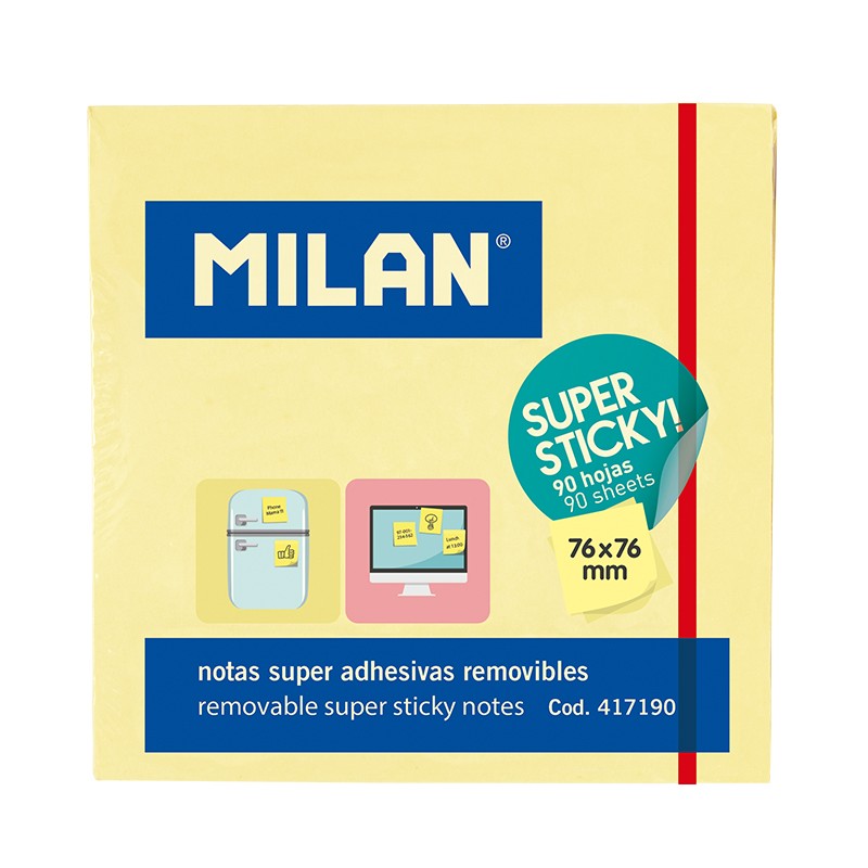 Bloc Milan de 90 Notes Super Adhésives - Amovibles - Permanence Plus Longue - 76mm x 76mm - Couleur Jaune Clair
