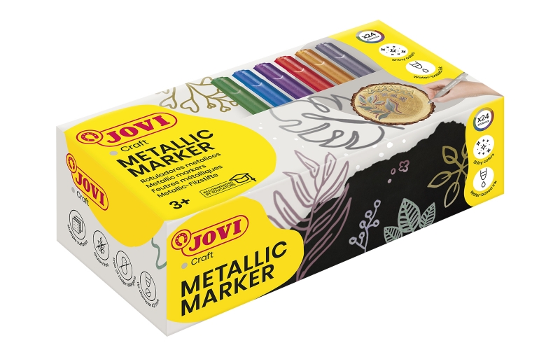 Boîte de 24 marqueurs Co Jovi Metalic - Couleurs à effet métallisé - Encre à base d'eau - Nettoyage facile - Idéal pour papier foncé et carton - Amovibles sur surfaces non poreuses - Couleurs assorties