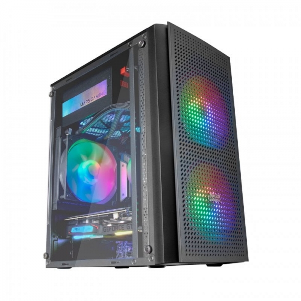 Boîtier de jeu compact Mars Gaming MC300 - Fenêtre en verre trempé - Triple ventilation FRGB - Grille avant TOTAL-MESH - Support MicroATX/Mini-ITX - RVB avancé - Couleur noire