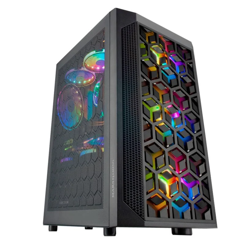 Boîtier de jeu compact Mars Gaming MCMESH - Technologie MESH 360º - 3 ventilateurs FRGB 120 mm - Prise en charge MicroATX et Mini-ITX - Refroidissement liquide - Noir - Couleur noire