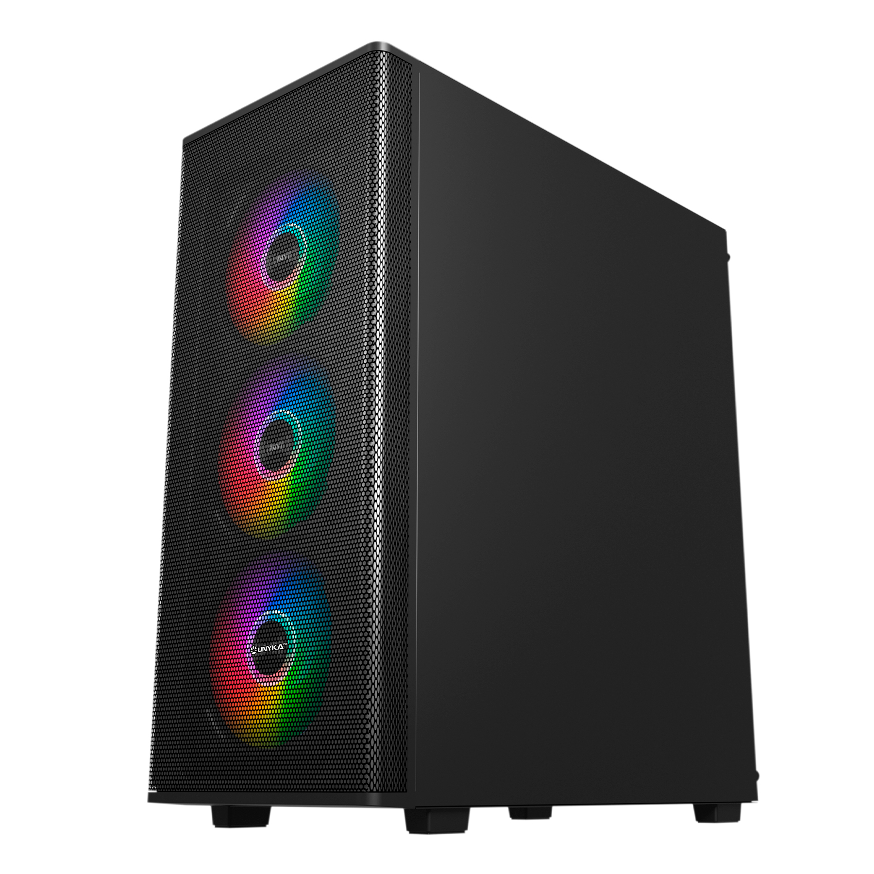 Boîtier de jeu Unykach MIR 100 ATX, Micro ATX, ITX - Côté en verre trempé - USB-A 2.0, 3.0 et audio - 4 ventilateurs ARGB de 120 mm installés - Prend en charge le refroidissement liquide