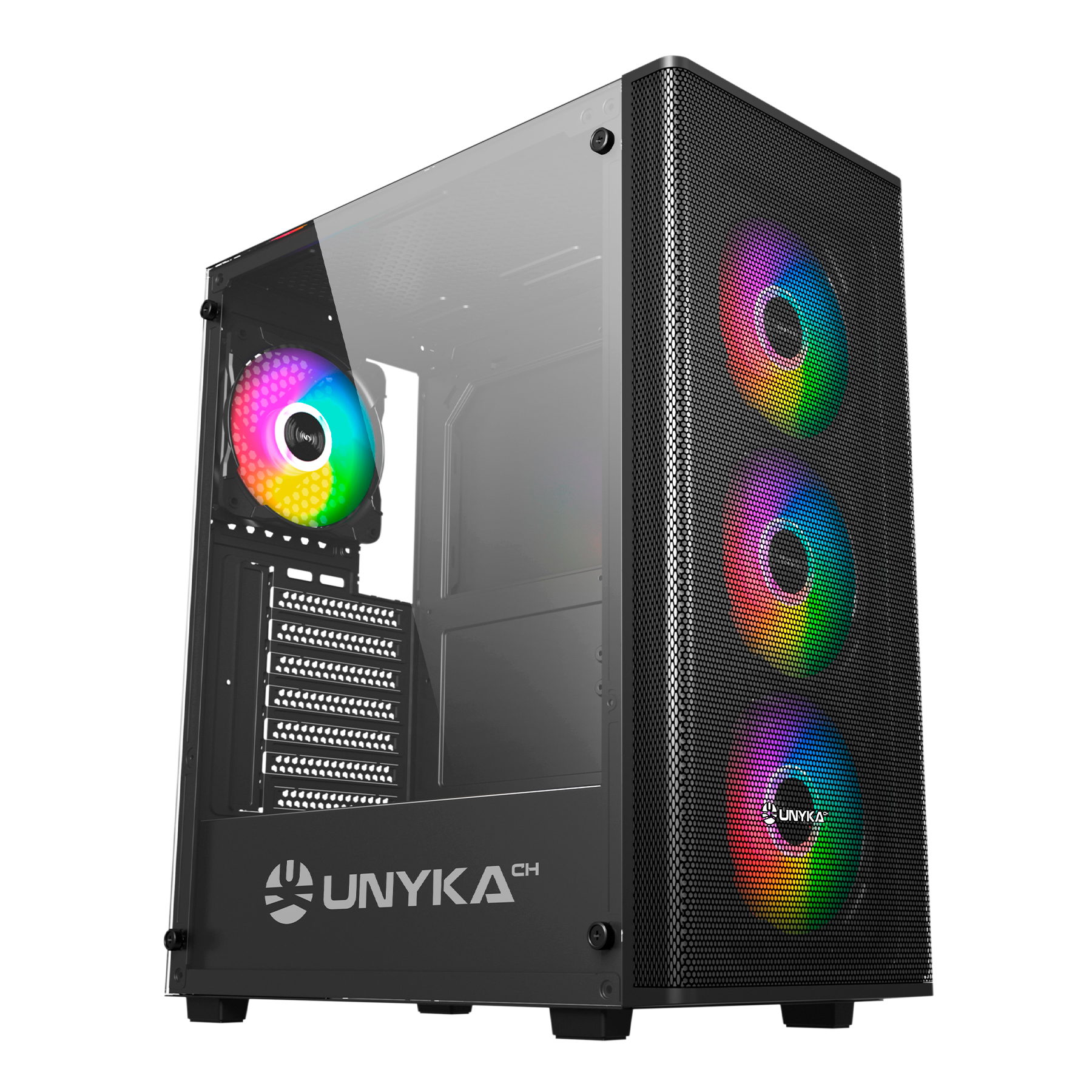 Boîtier de jeu Unykach MIR 100 ATX, Micro ATX, ITX - Côté en verre trempé - USB-A 2.0, 3.0 et audio - 4 ventilateurs ARGB de 120 mm installés - Prend en charge le refroidissement liquide