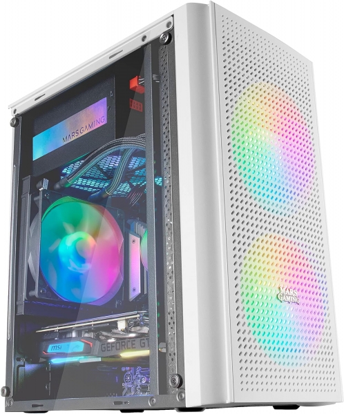Boitier Gaming Compact Mars Gaming MC300 - Fenêtre en Verre Trempé - Triple Ventilation - Support Refroidissement Liquide - Éclairage RGB Fixe - Couleur Blanc