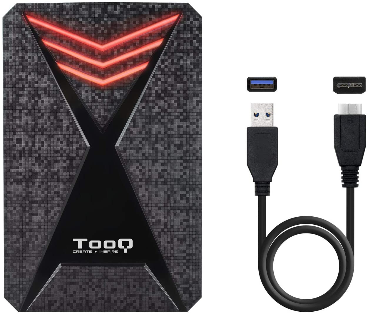 Boitier HDD/SDD de jeu externe Tooq 2,5" jusqu'à 9,5 mm SATA USB 3.0/3.1 Gen 1 - Éclairage LED RVB - Sans vis - Couleur noire