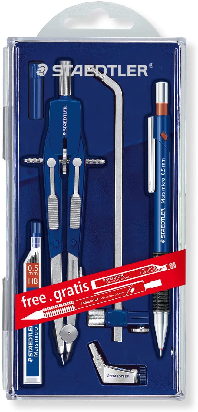 Compas de précision Staedtler Mars 552 02 - Diamètre maximum 350 mm - Boussole à réglage rapide - Pieds articulés - Aiguille interchangeable - Mine interchangeable