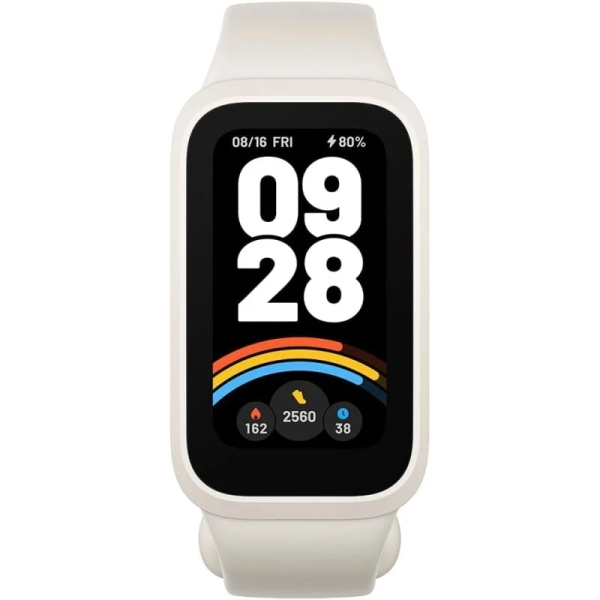 Bracelet d'activité Xiaomi Mi Smart Band 9, écran 1,47", Bluetooth 5.3, plus de 100 modes sportifs, suivi de la santé, réglage intelligent de la luminosité de l'écran, autonomie jusqu'à 18 jours, couleur beige.