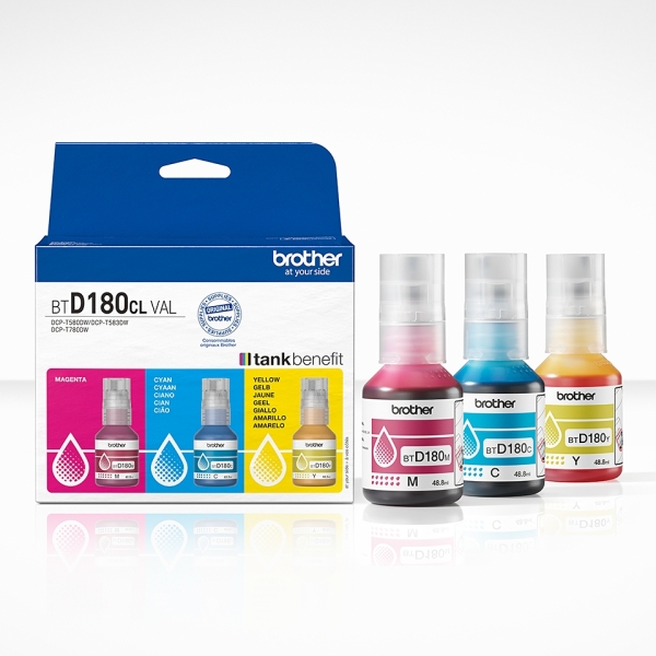 Brother BTD180CLVAL Lot de 3 bouteilles d'encre cyan, magenta et jaune