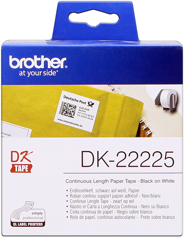 ✓ Brother Rouleau de papier continu DK-22225 Noir sur blanc, 38 mm de large  couleur Noir/blanc en stock - 123CONSOMMABLES