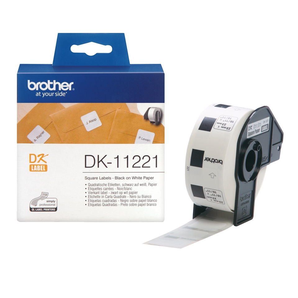 Brother DK11221 - Étiquettes carrées prédécoupées - 23x23 mm - 1000 unités - Texte noir sur fond blanc