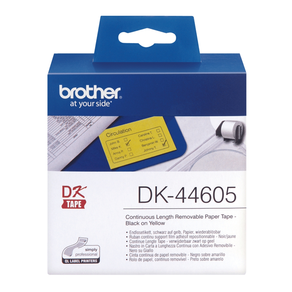 Brother DK44605 - Étiquettes amovibles au format personnalisé d'origine - Largeur 62 mm x 30,48 mètres - Texte noir sur fond jaune