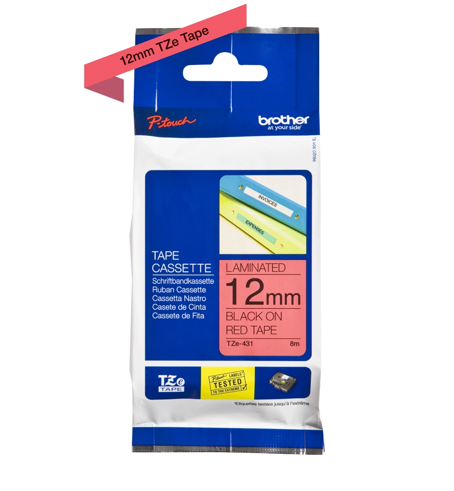 Brother TZe431 Original Ruban d'étiquettes laminées - Texte noir sur fond rouge - Largeur 12 mm x 8 mètres